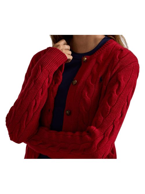 Cardigan da donna in misto lana e cashmere con lavorazione a trecce, girocollo, colore rosso POLO RALPH LAUREN | 211972104013